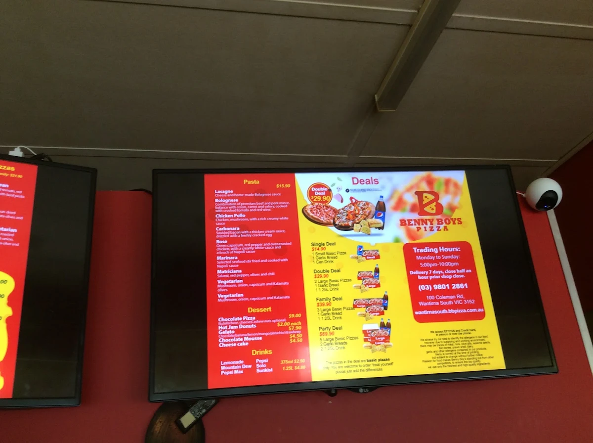 Menu, Benny Boy's Pizza