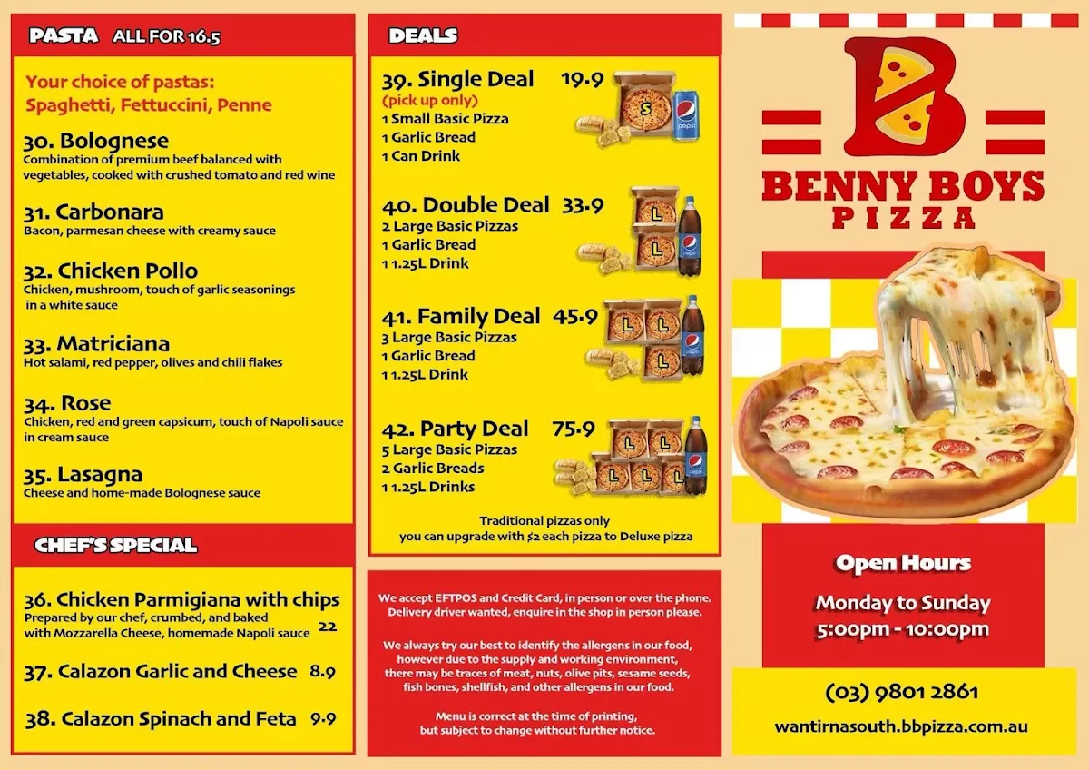 Menu, Benny Boy's Pizza