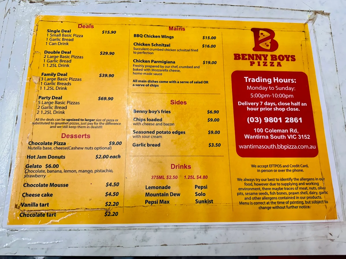 Menu, Benny Boy's Pizza