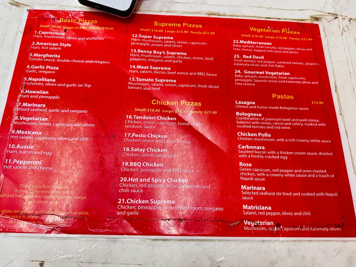 Menu, Benny Boy's Pizza