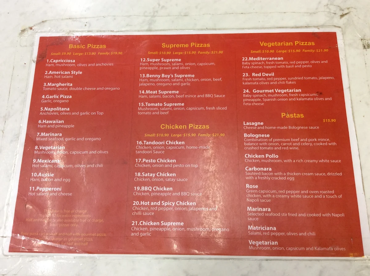 Menu, Benny Boy's Pizza