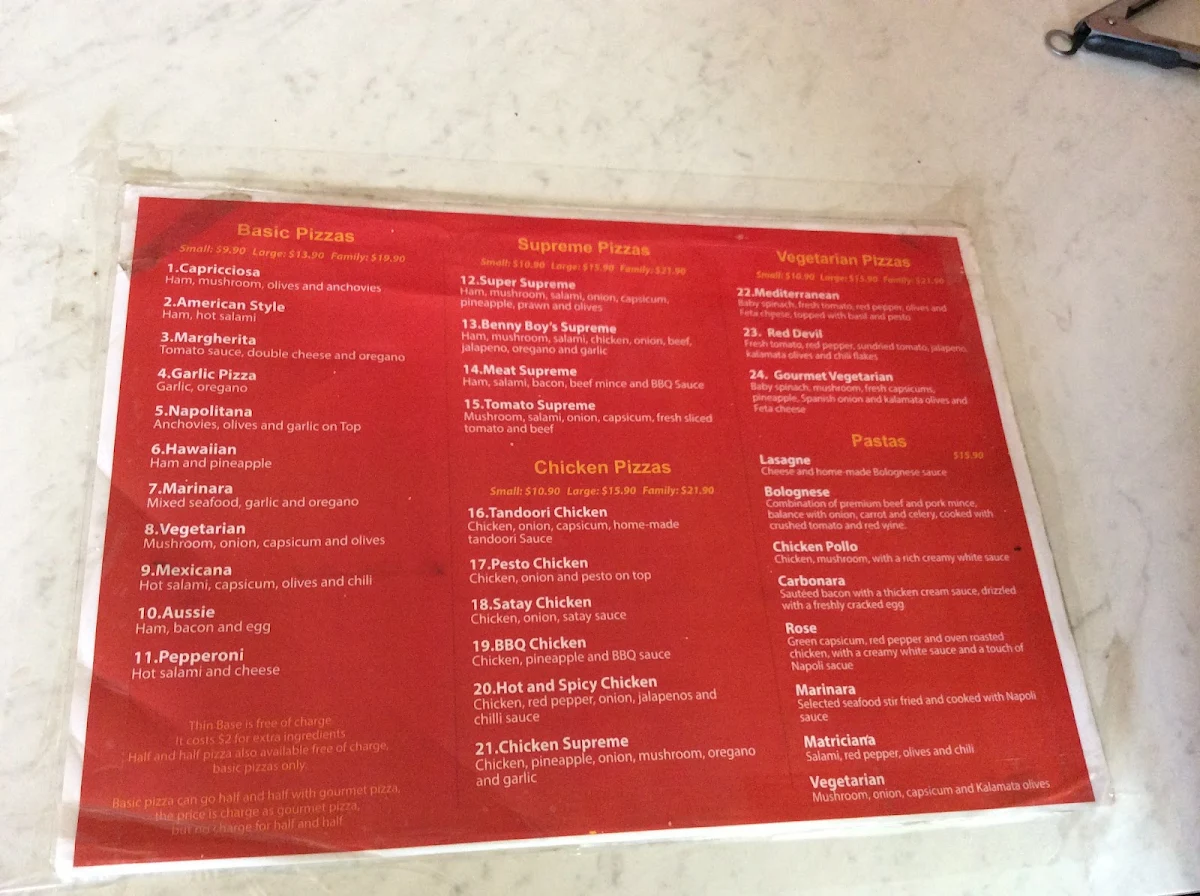 Menu, Benny Boy's Pizza