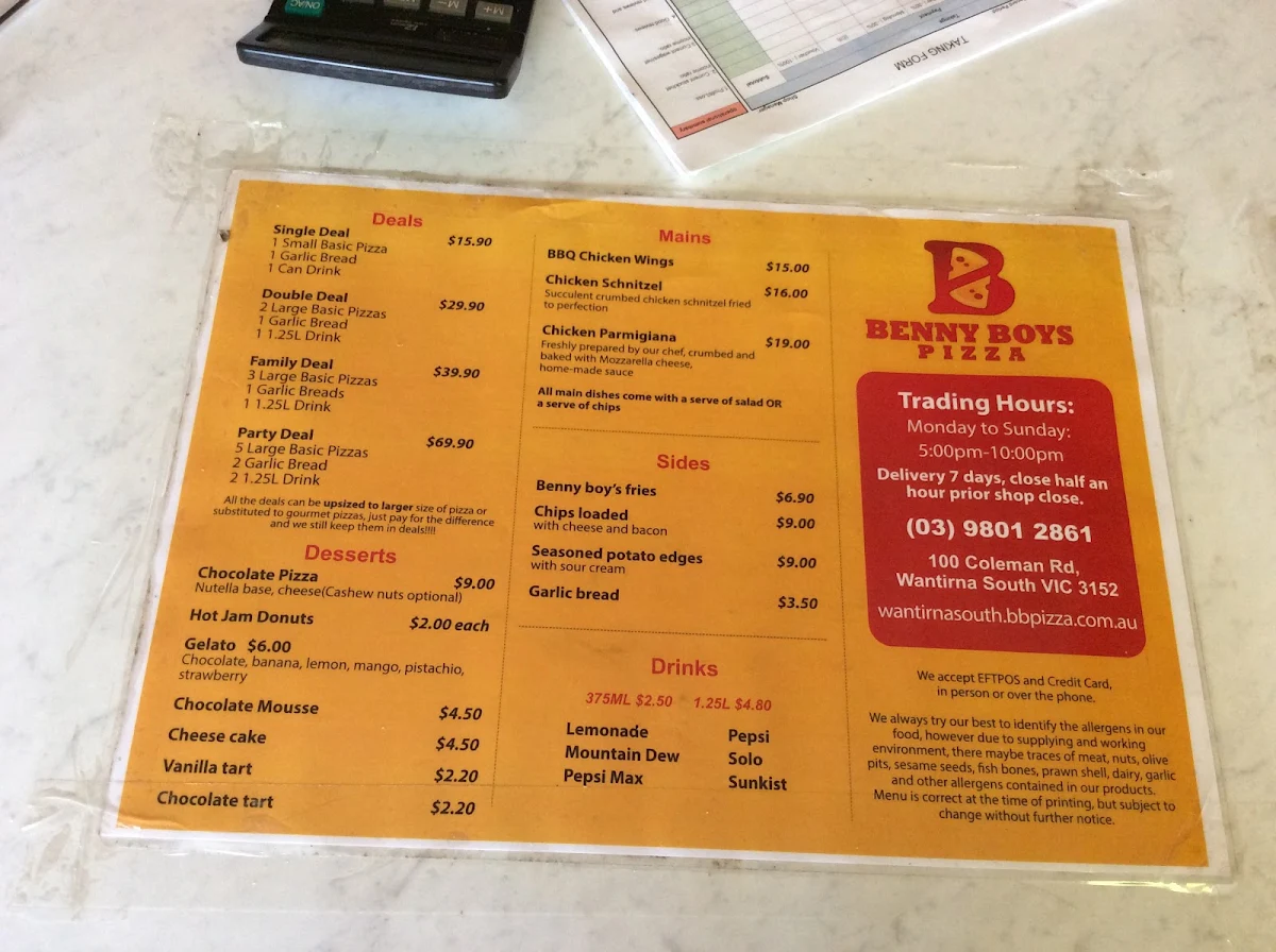 Menu, Benny Boy's Pizza