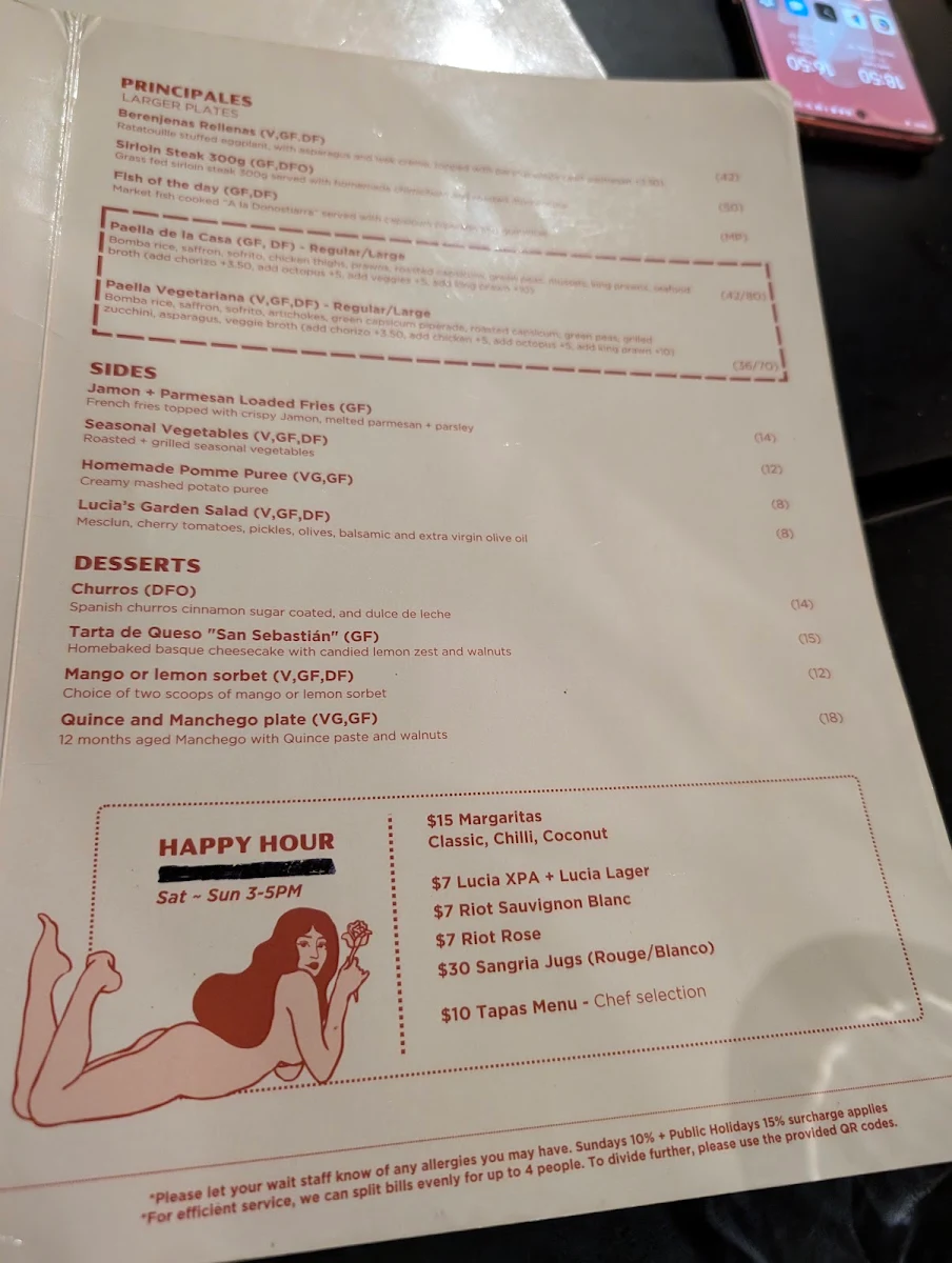 Menu, Lucia Tapas Garden