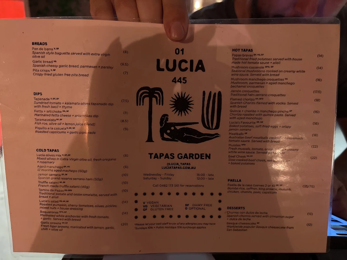 Menu, Lucia Tapas Garden