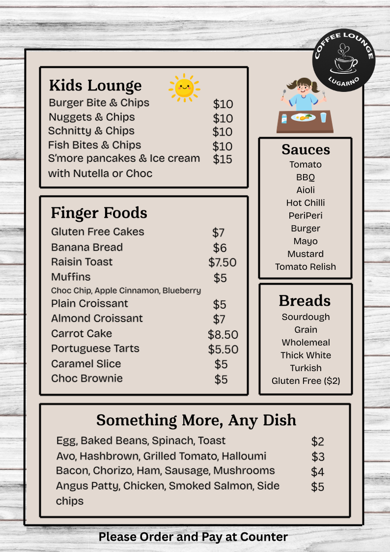 Menu, Coffee Lounge Lugarno