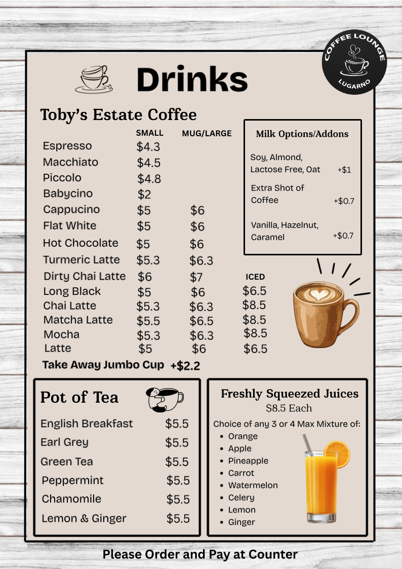 Menu, Coffee Lounge Lugarno