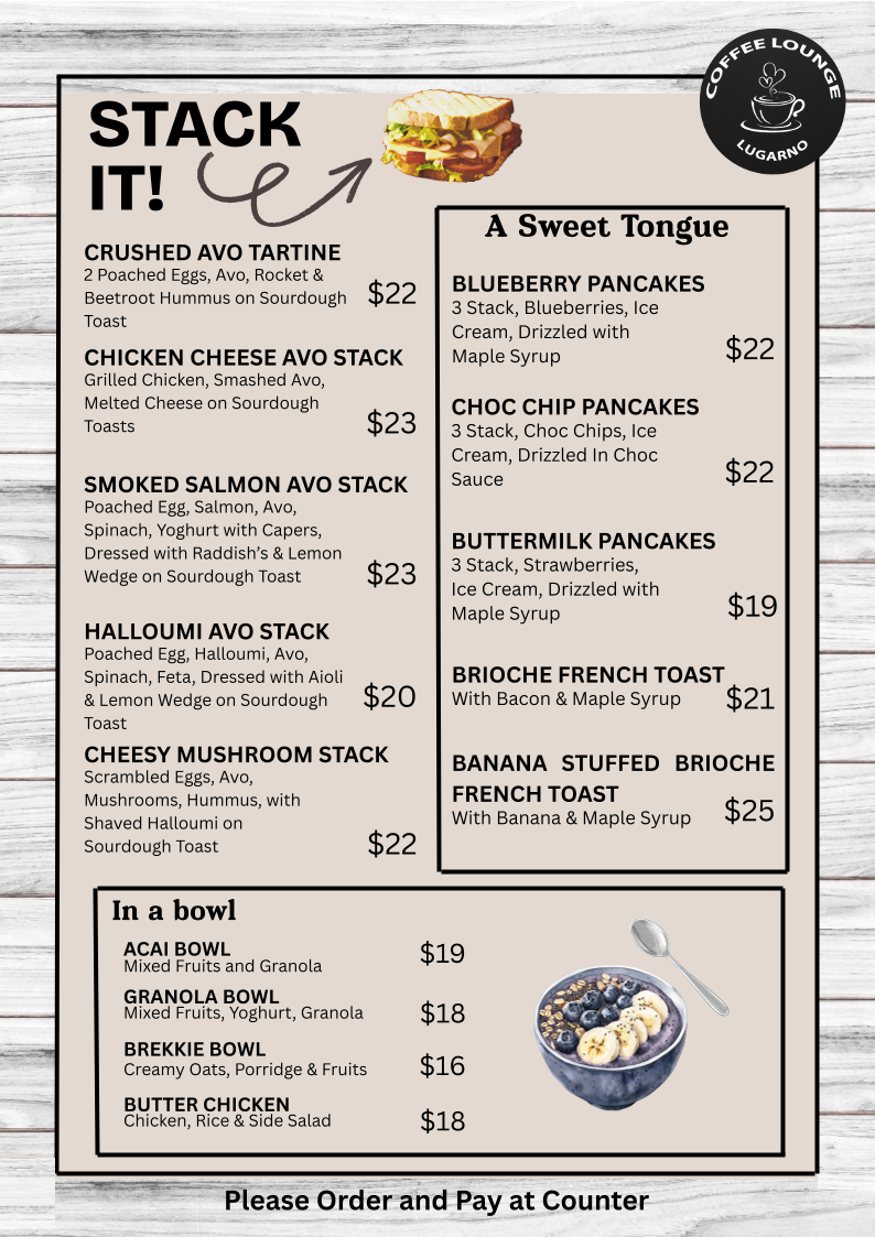 Menu, Coffee Lounge Lugarno
