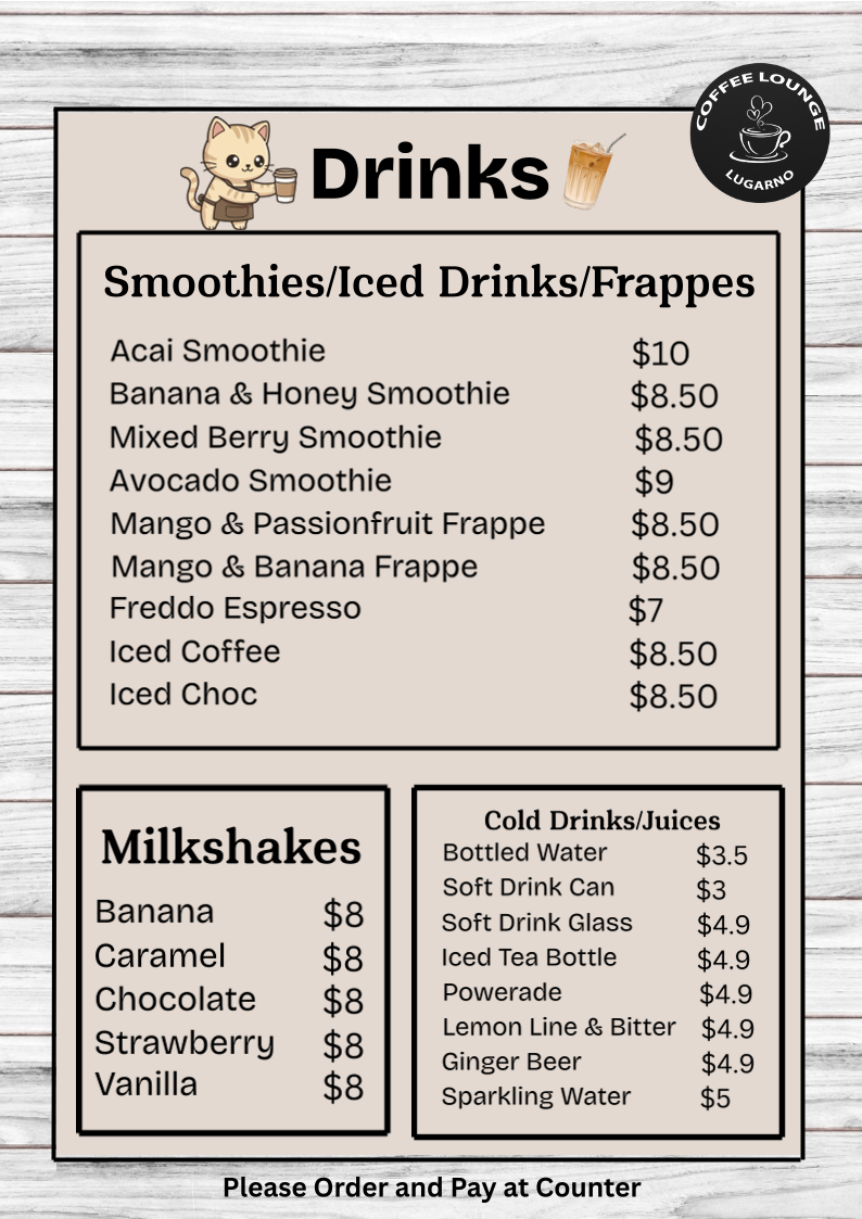 Menu, Coffee Lounge Lugarno