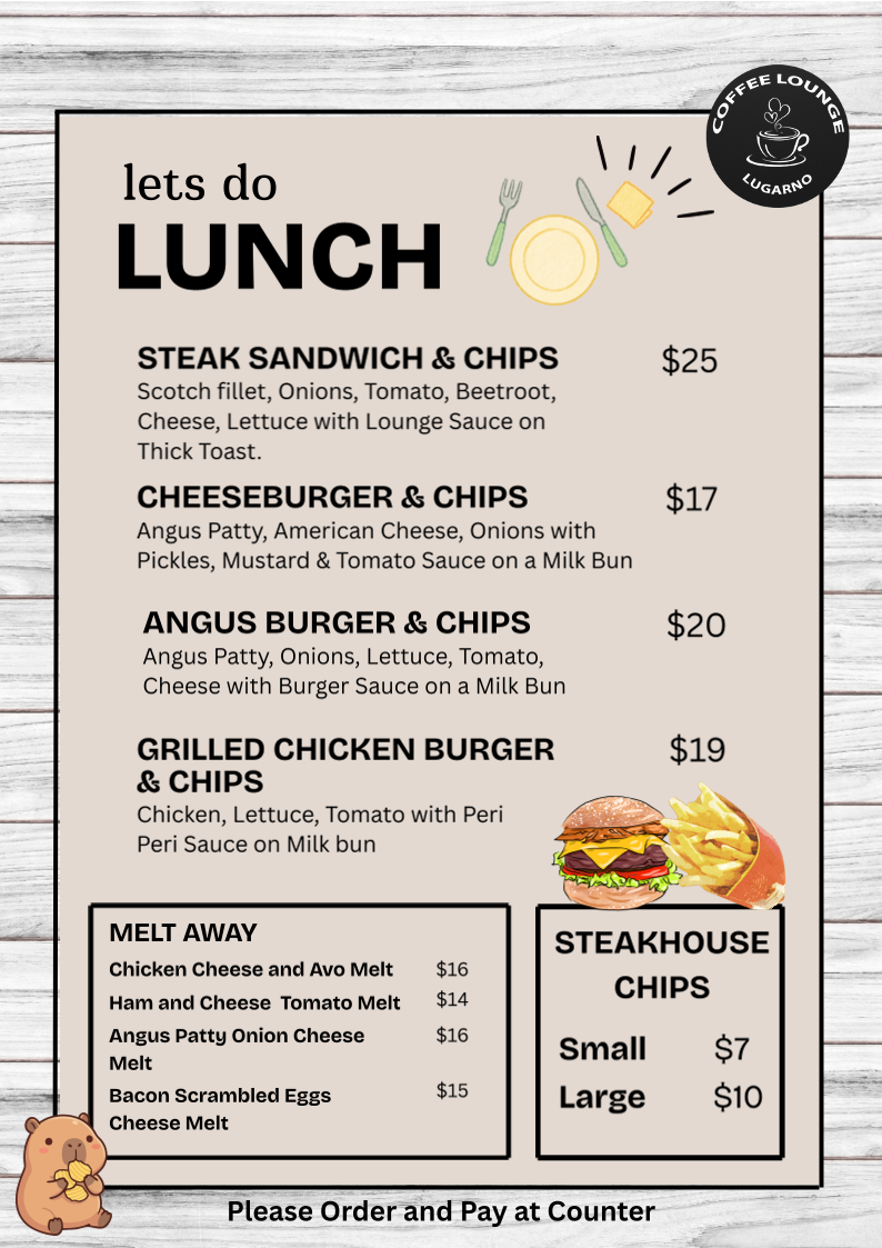 Menu, Coffee Lounge Lugarno