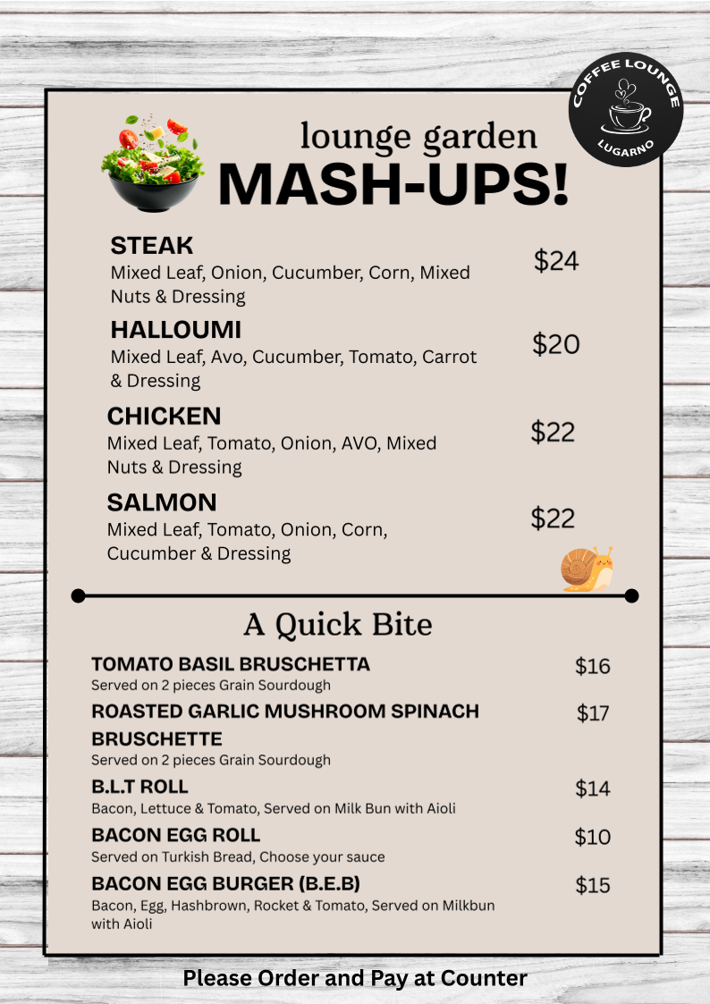 Menu, Coffee Lounge Lugarno