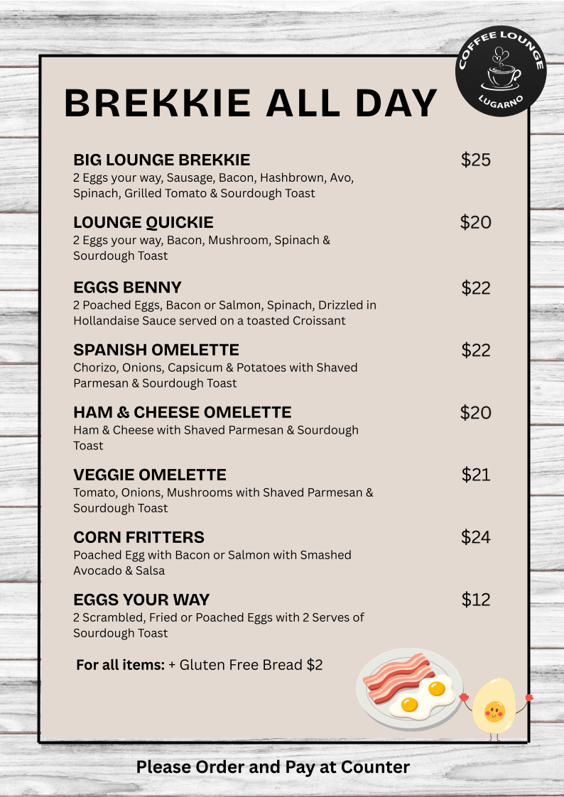 Menu, Coffee Lounge Lugarno