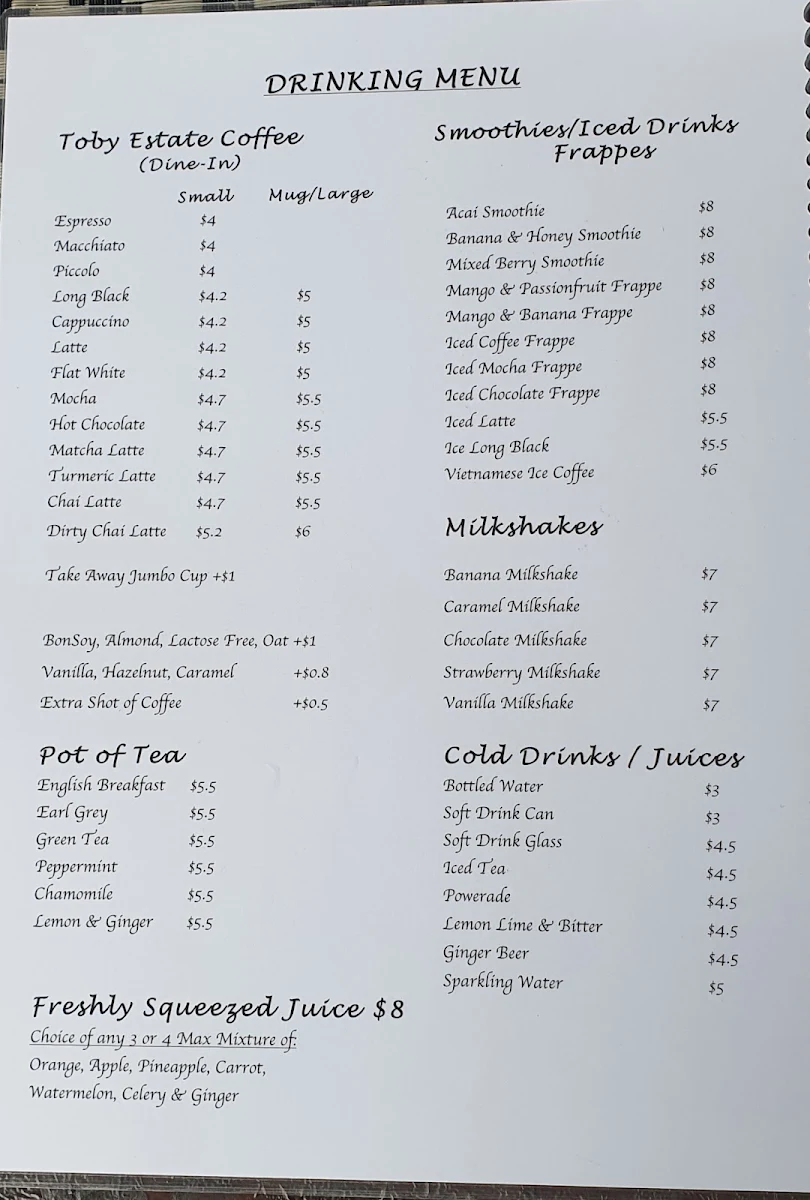 Menu, Coffee Lounge Lugarno