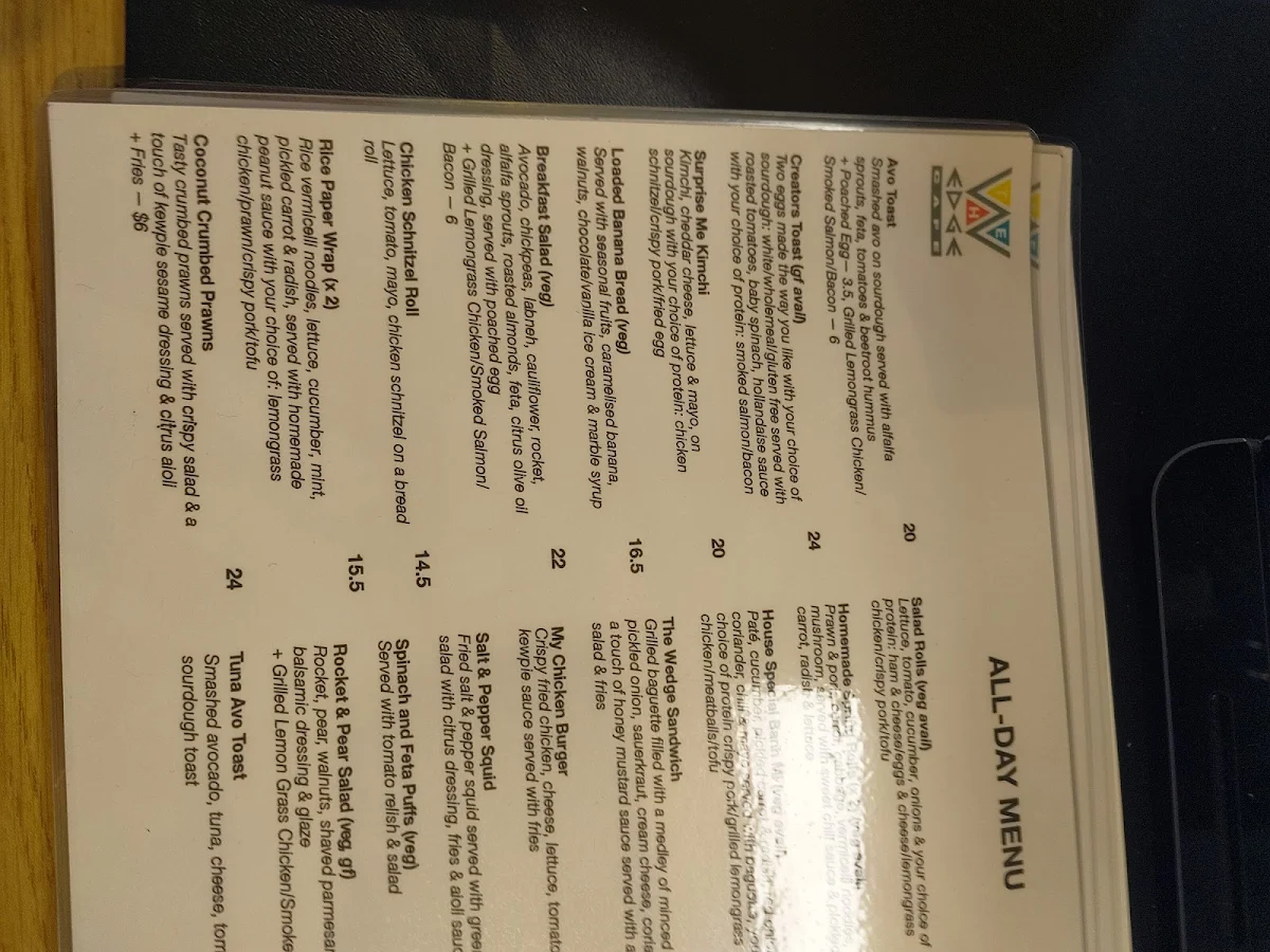 Menu, The Wedge Cafe