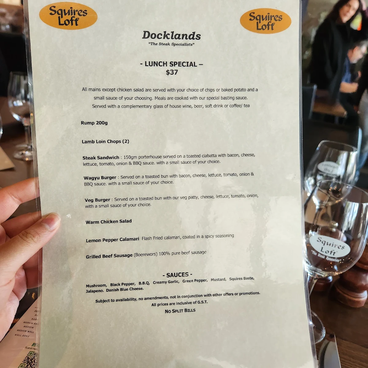 Menu, Squires Loft Docklands