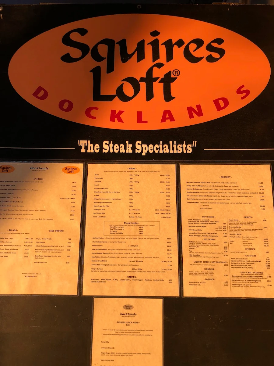 Menu, Squires Loft Docklands