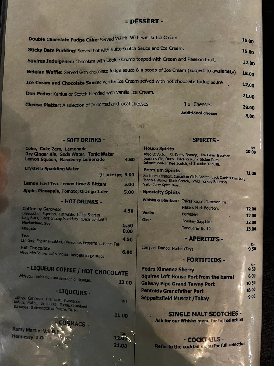 Menu, Squires Loft Docklands