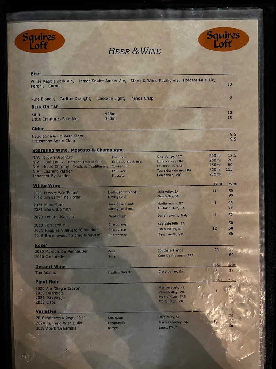 Menu, Squires Loft Docklands