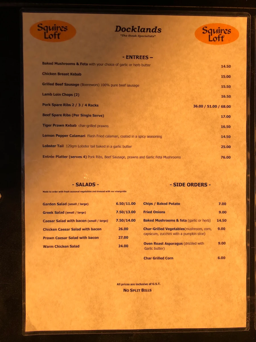 Menu, Squires Loft Docklands