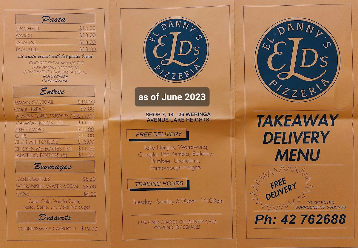 Menu, El Danny's Pizza