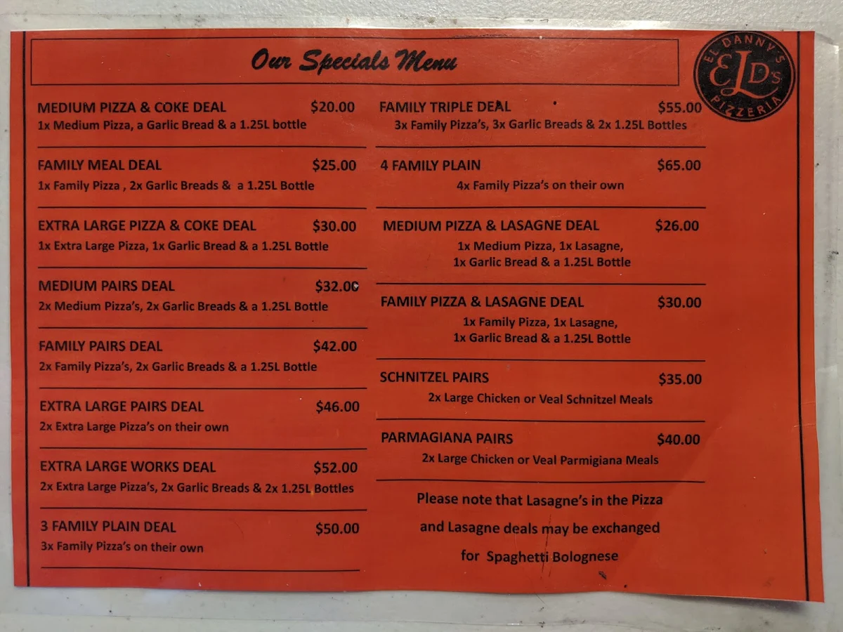 Menu, El Danny's Pizza