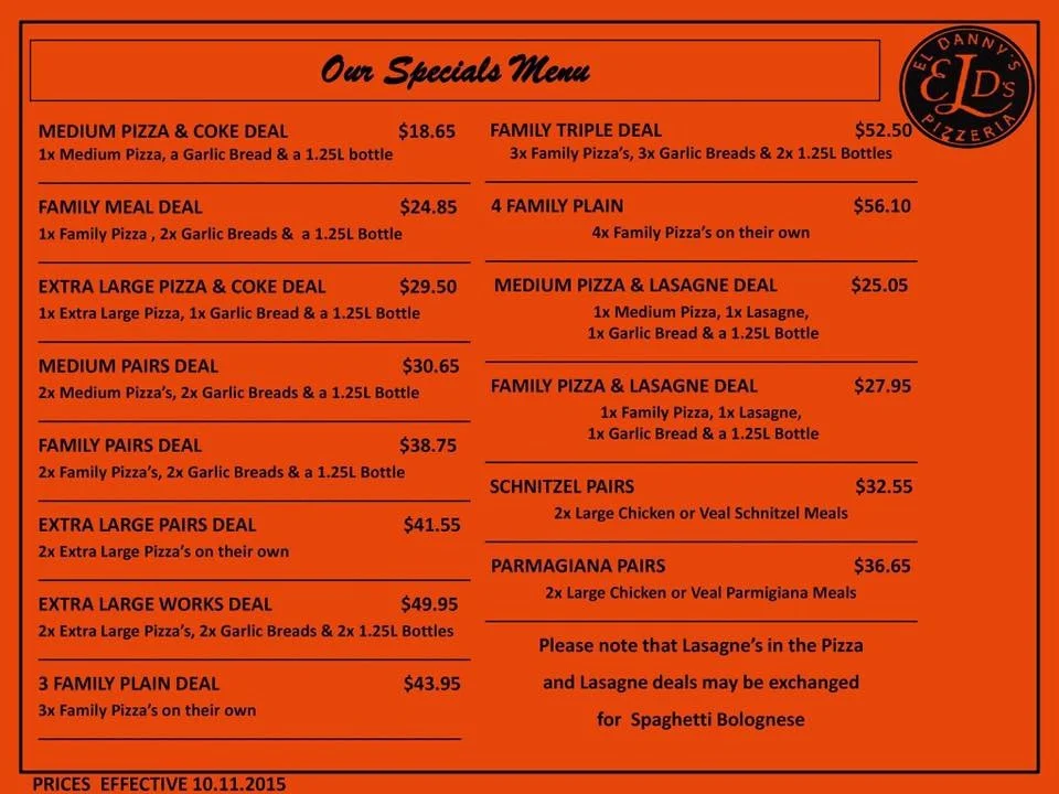 Menu, El Danny's Pizza