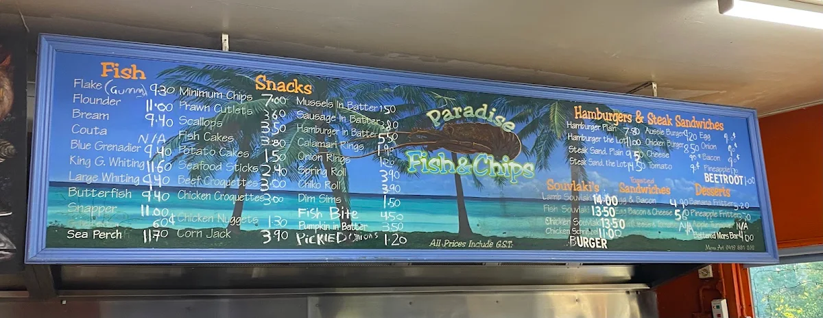 Menu, Paradise Fish & Chips