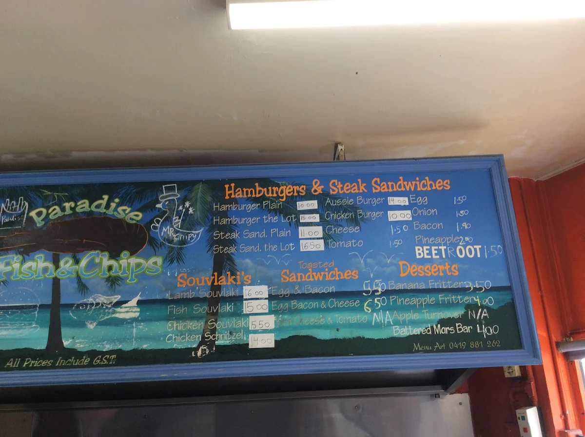 Menu, Paradise Fish & Chips