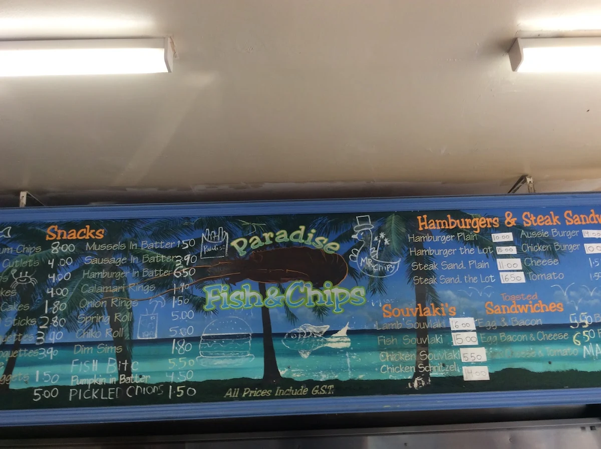 Menu, Paradise Fish & Chips