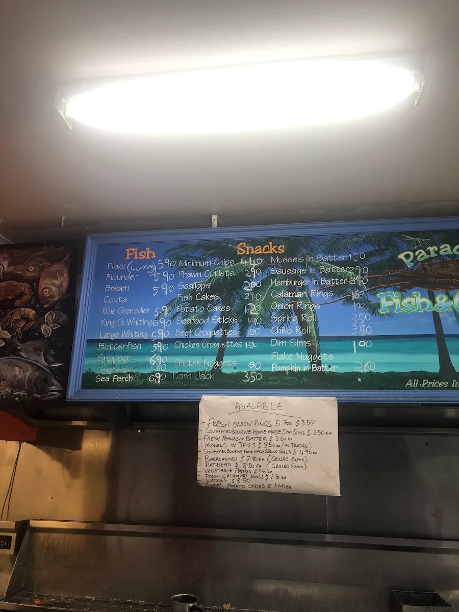 Menu, Paradise Fish & Chips