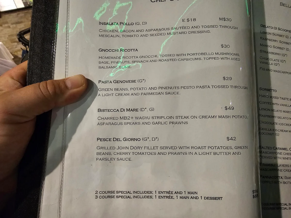 Menu, Bella Vista Restaurant