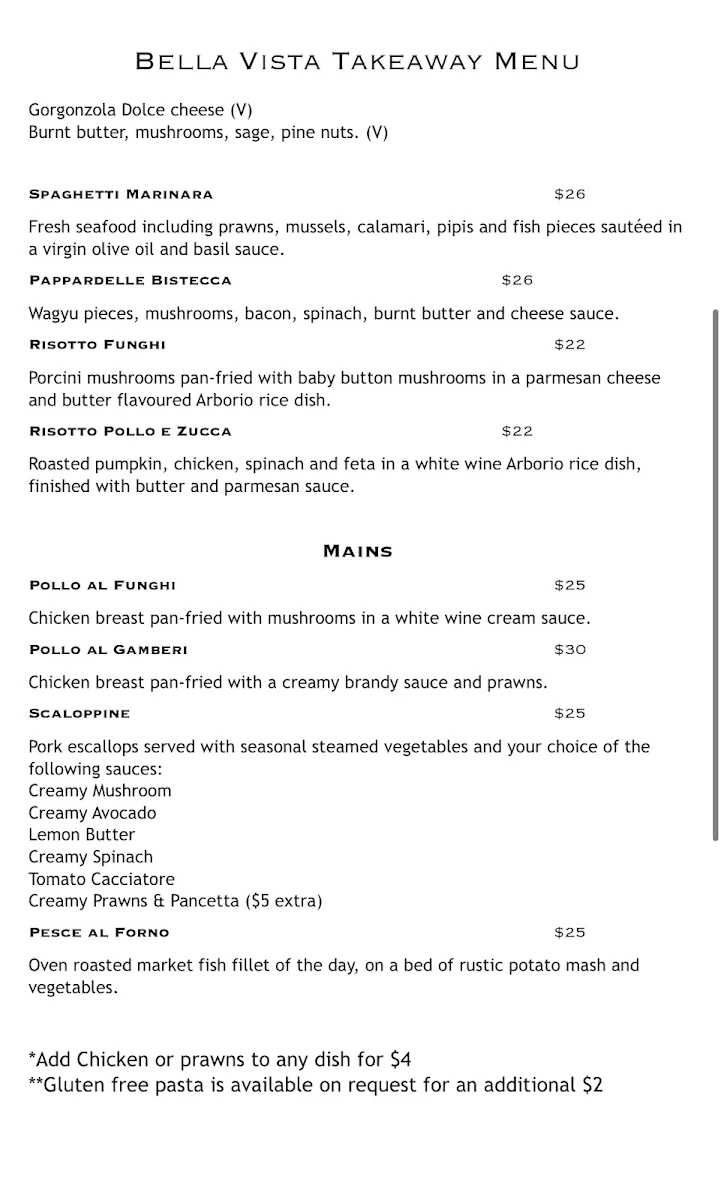 Menu, Bella Vista Restaurant