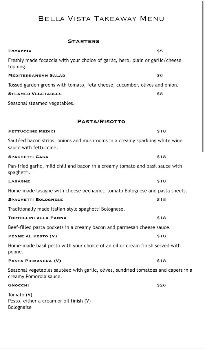 Menu, Bella Vista Restaurant