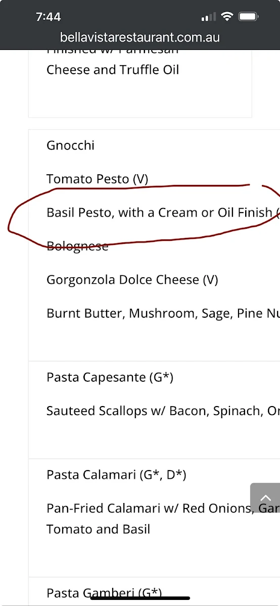 Menu, Bella Vista Restaurant