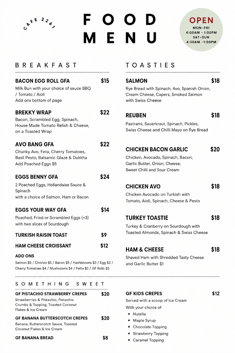 Menu, Cafe 2261