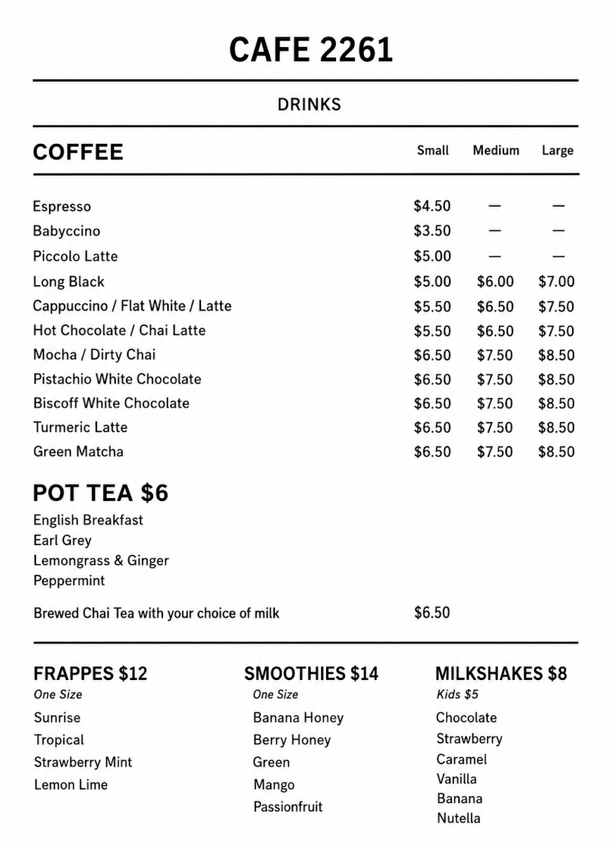 Menu, Cafe 2261