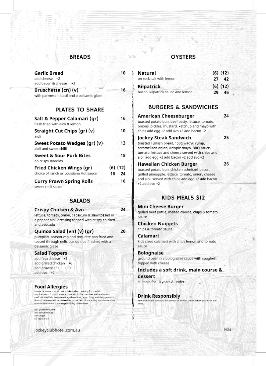 Menu, Jockey Club Hotel