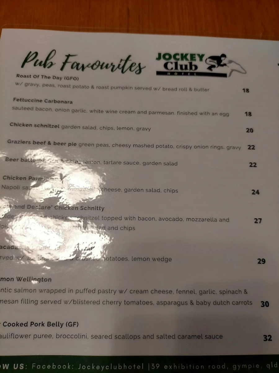 Menu, Jockey Club Hotel