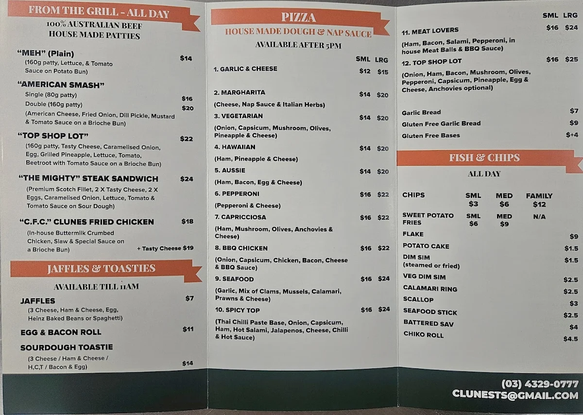 Menu, Clunes Top Shop