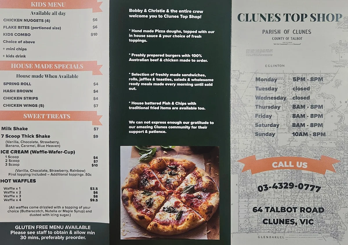 Menu, Clunes Top Shop