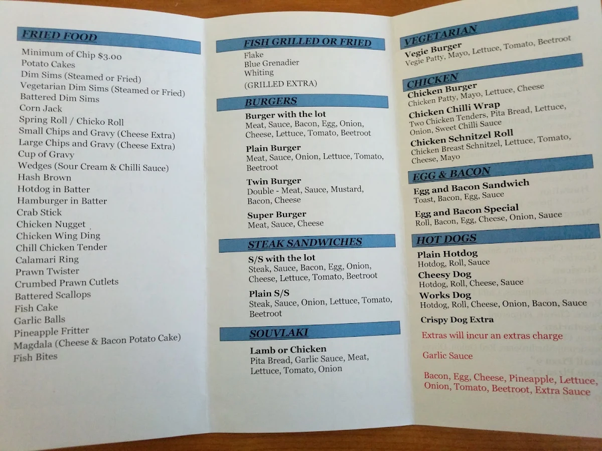 Menu, Clunes Top Shop