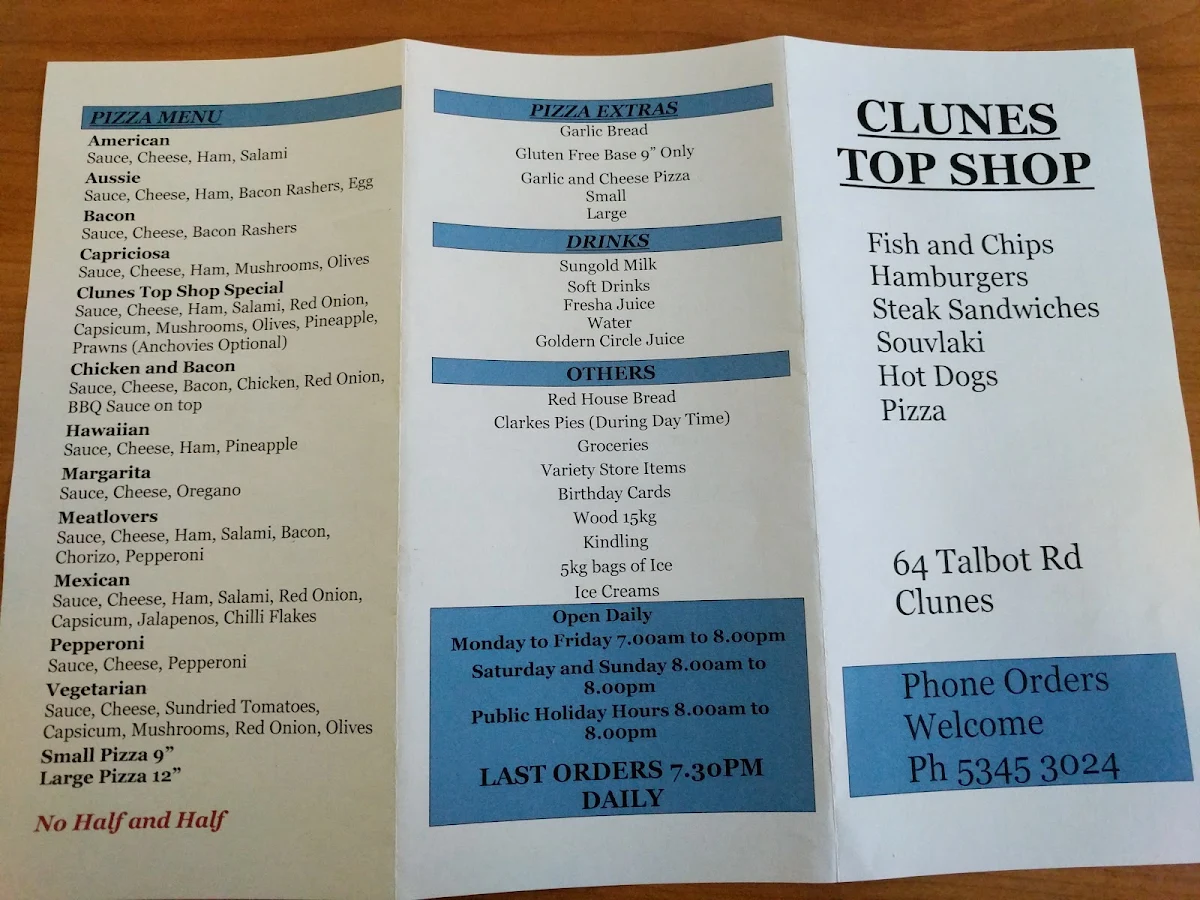 Menu, Clunes Top Shop
