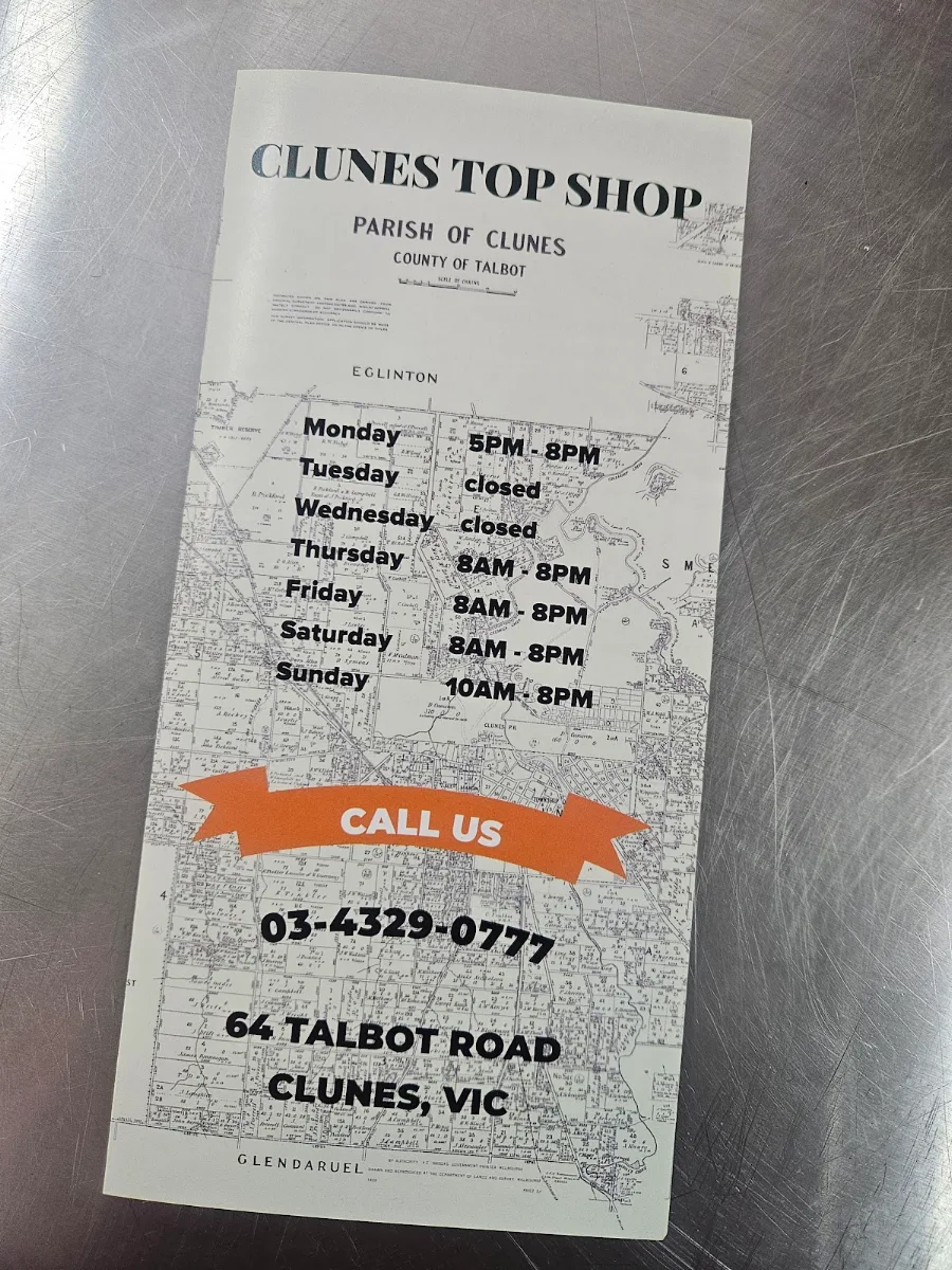 Menu, Clunes Top Shop