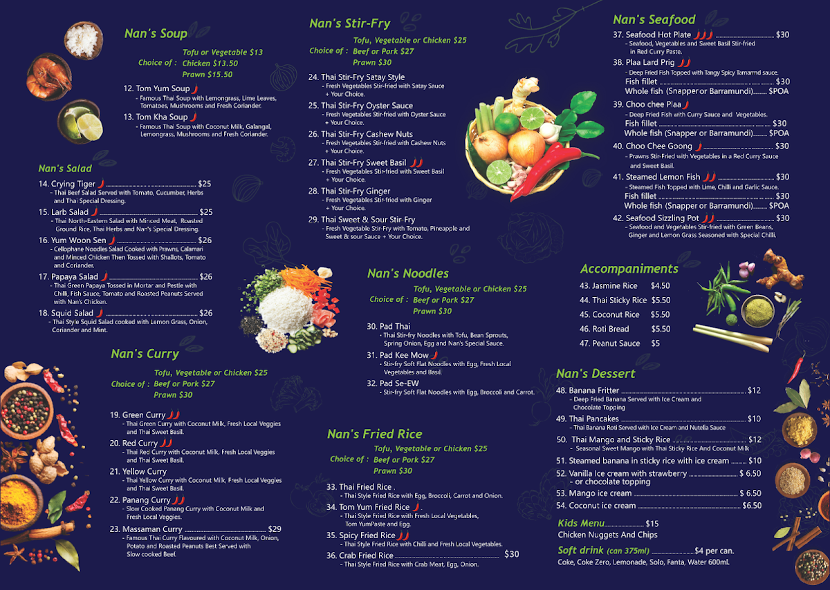 Menu, Nan's Thai Restaurant