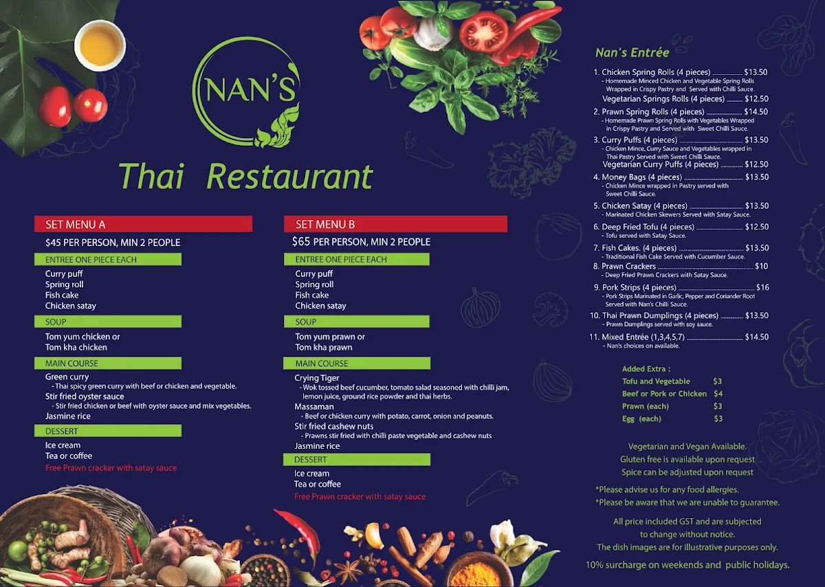 Menu, Nan's Thai Restaurant