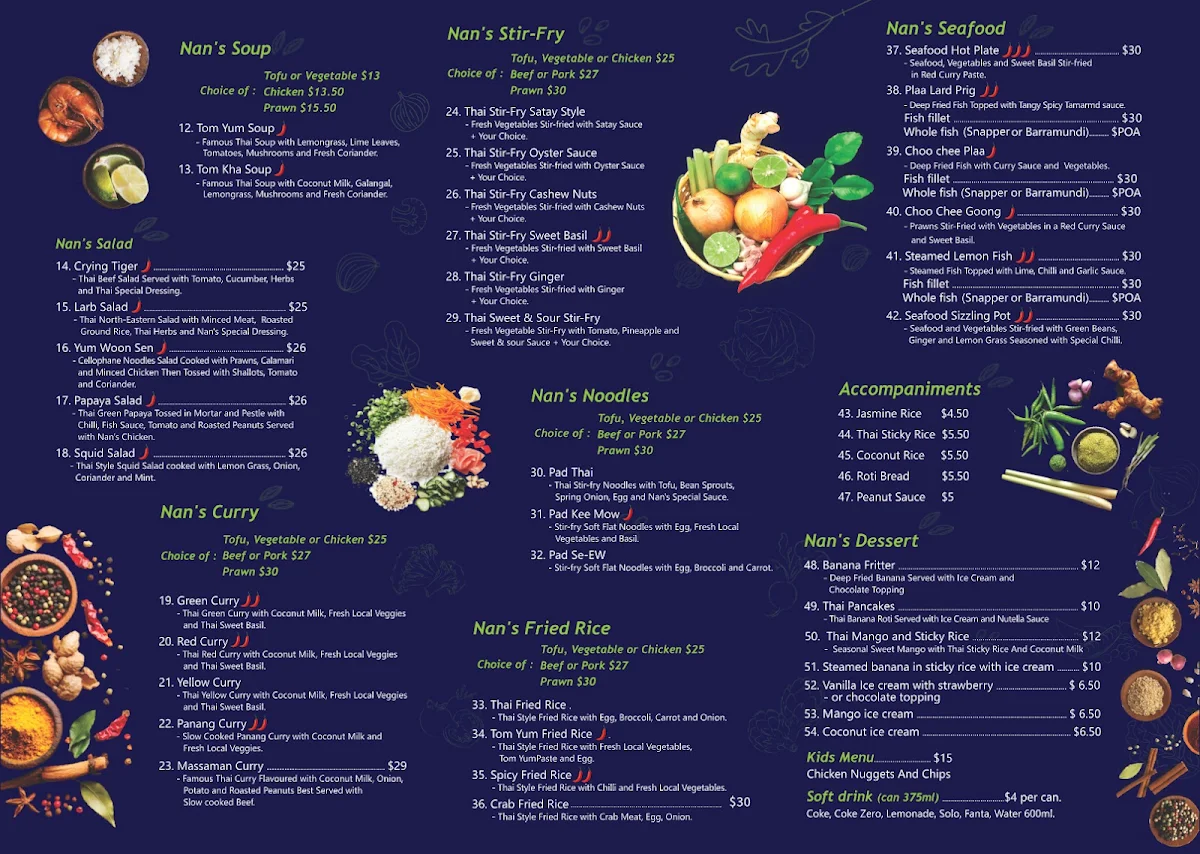 Menu, Nan's Thai Restaurant