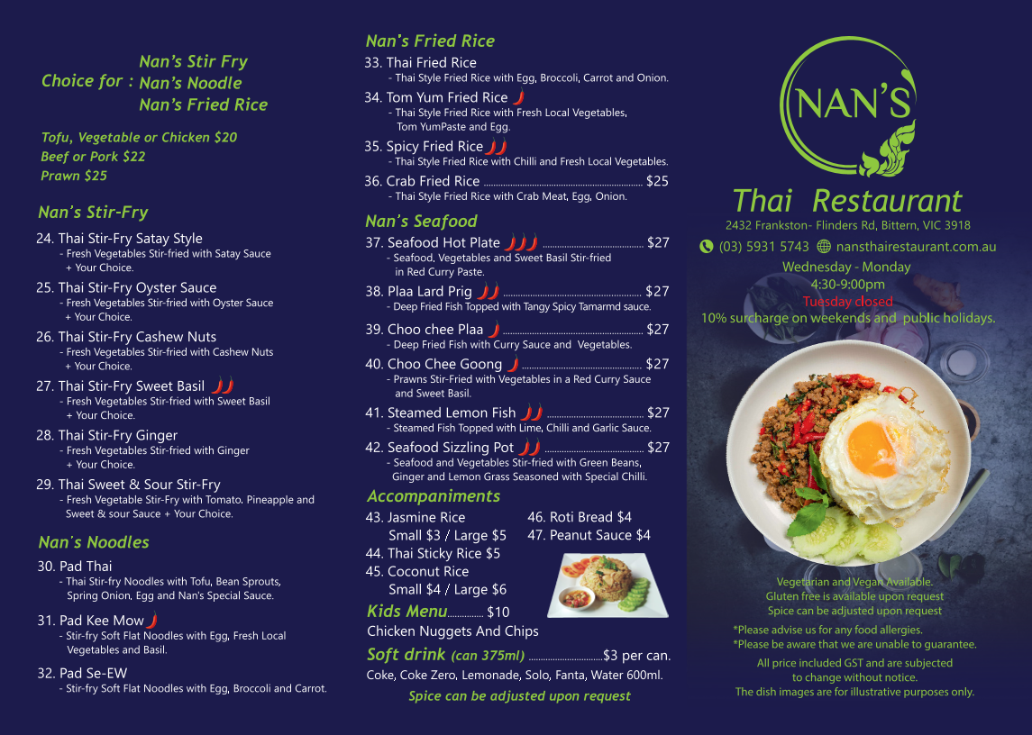 Menu, Nan's Thai Restaurant