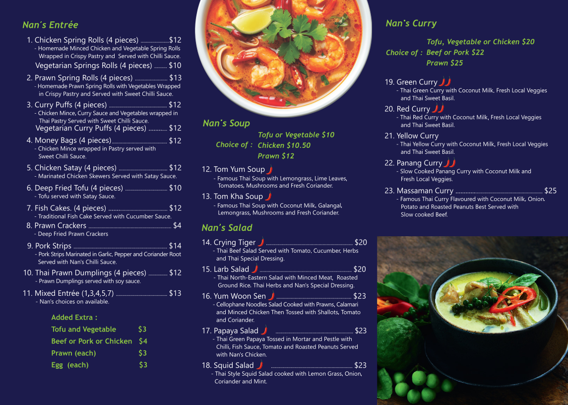 Menu, Nan's Thai Restaurant