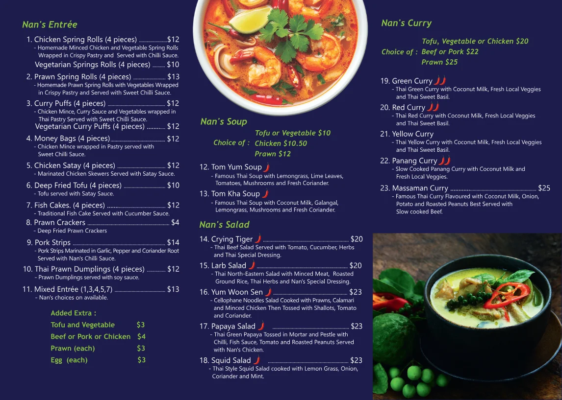 Menu, Nan's Thai Restaurant