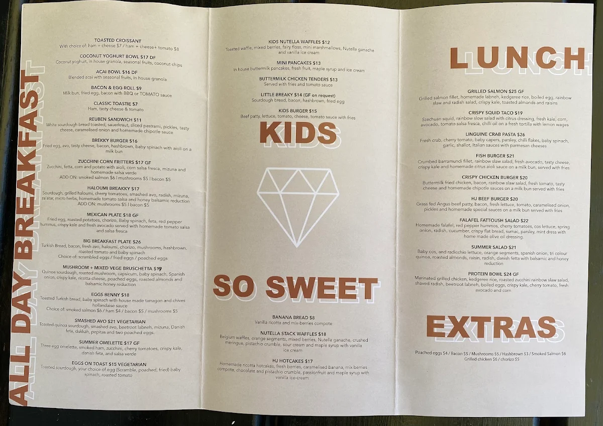 Menu, Hidden Jem Café